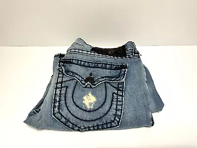 Men's True Religion Ricky Super T Jeans 38 X 28 Boot Cut Worn Blue Denim GC • $25