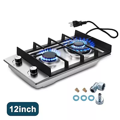 Gas Cooktop 12in Dual Burners Stainless Steel  NG/LPG Convertible Kitchen Hob • $69.99