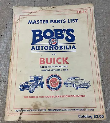 Master Parts List Of Bob's Automobilia For Buick Catalog 1988 Atascadero CA • $49.90