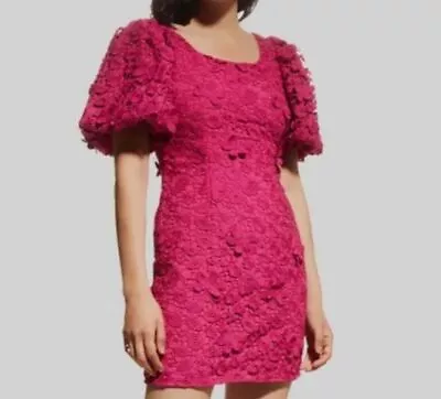 $395 ZAC Posen Women's Fuchsia Puff-Sleeve Floral Lace Mini Dress Size 4 • $126.78