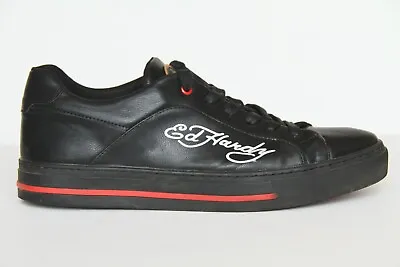 Y2K Ed Hardy Logo Sneakers Men's 10 Black Leather Look Lace Up Shoes Tiger Art • $35.99