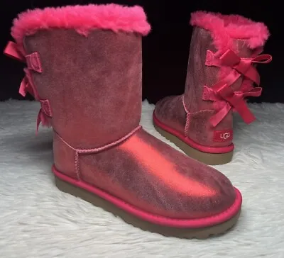 UGG BAILEY BOW RIBBON GLISTEN METALLIC RED SUEDE BOOTS FUR LINED Women Sz 6 • $124.95