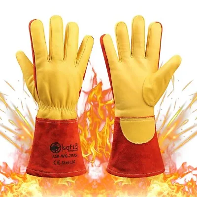 Gloves Welding Leather TIG Cowhide Heat Resistant Duty Heavy MIG Top BBQ ARC • £11.80