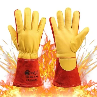 Gloves Welding Leather TIG Cowhide Heat Resistant Duty Heavy MIG Top BBQ ARC • £11.80