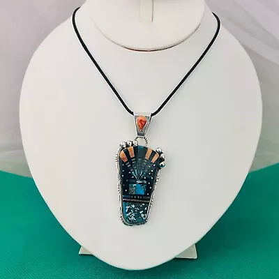 Navajo Ray Jack Sterling Silver Multi Stone Inlay Pendant • $145