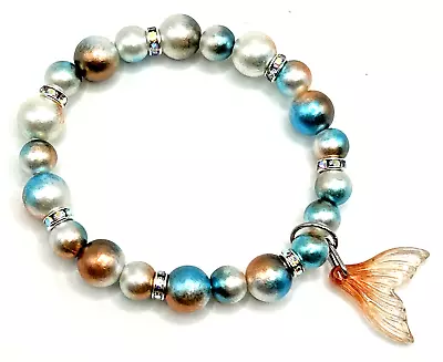 7  Glass Mermaid Tail Stretch Bracelet-TEAL & ORANGE Mermaid Beads W Rhinestones • $8.99