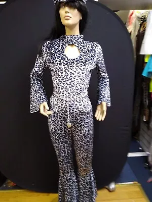 Blue And White Leopard Print Velvet 70s Style Catsuit And Hat • £70