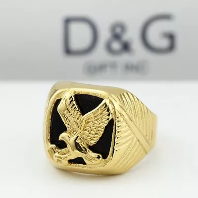 DG Men's Stainless Steel Black Onyx EAGLE Ring Gold Plated: #8.9 10 11 12 13*Box • $15.99