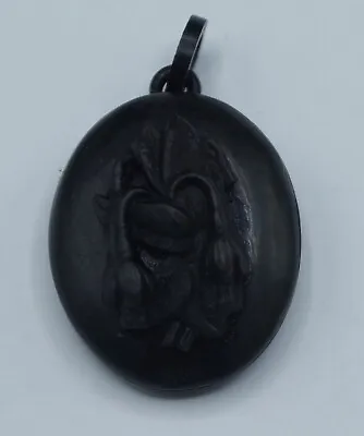 Mourning Jewelry Gutta Percha Carved Pendant Floral Antique Victorian • $88.35