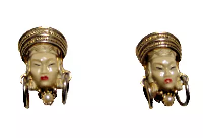 VINTAGE Gold Tone Chinese ? Siam ? LADY DECORATIVE Face Clip On Earrings NO NAME • $18