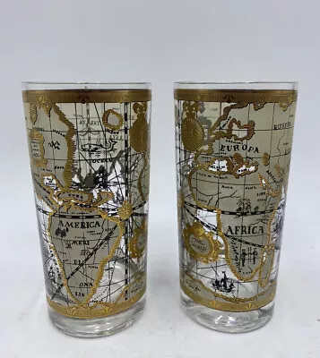 (2) Vintage Cera World Map 22K Gold MCM Bareware Highball Glasses 5.5” 12 OZ • $24.95