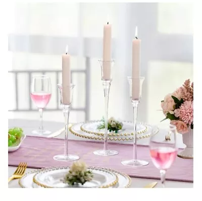 Set Of 3 Large Tall Glass Candle Holders Centrepiece Tea-Light Wedding Candles • £17.99