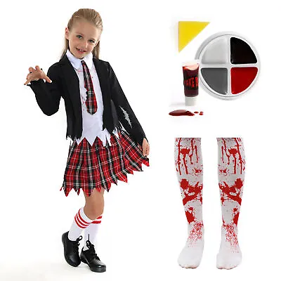 Childs Halloween Zombie School Girl Fancy Dress Costume Horror Outfit Kids • £13.99