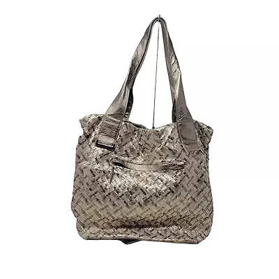 Elliott Lucca Metallic Leather Braided Handbag Tote Purse Gold Logo • $29