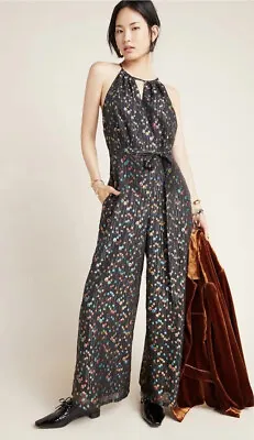 NWT Eva Franco Edita Metallic Clip Dot Halter Jumpsuit 6 Black Anthropologie • $70