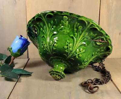 Antique French Majolica Hanging Flower Planter Jardiniere Green Art Nouveau • $180