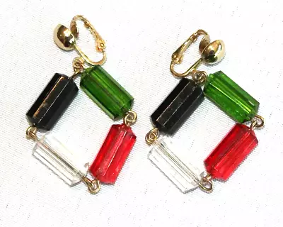 Vintage 1960's Retro Sarah Coventry Red Green Black Clear Lucite Clip Earrings • $20.02