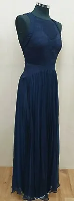 £28.95 • Buy Whistles Lace Maxi Dress Size 8 Blue Top Pleated Zip Up Skirt Navy Sheer Panels 