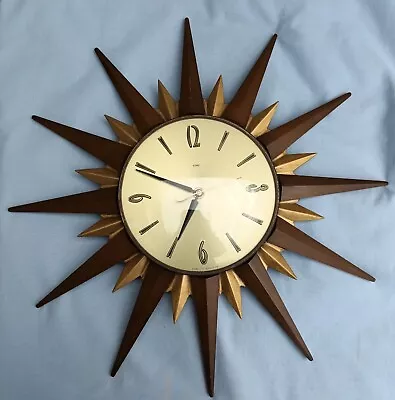 ORIGINAL STAR BURST METAMEC 1960-70's WALL CLOCK TEAK & BRASS • £45