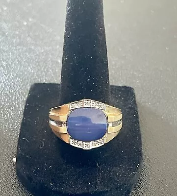 10k Yellow Gold Lab Blue Star Sapphire & Diamond Mens Ring Size 10.5 (C53) • $449