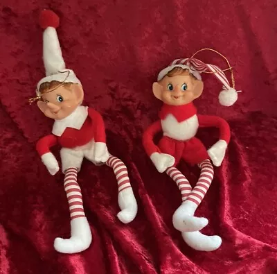 2 Vintage Rubber Face & Felt Elf Elves Pixies Christmas Ornaments 8 Inch Body • $18