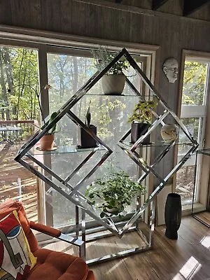 Milo Baughman Style 1970s Chrome Geometric Diamond Shaped Etagere • $1200