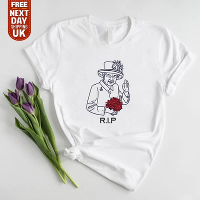 £9.99 • Buy RIP Queen, Queen Elizabeth Outline Portrait Unisex White T Shirt 1926 - 2022