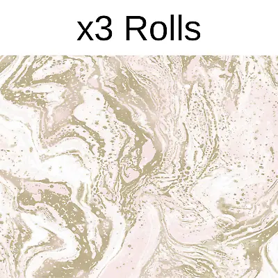 £36.99 • Buy X3 Rolls Liquid Marble Effect Wallpaper Skinny Dip London Pink Gold Metallic