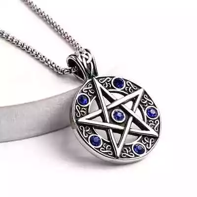 Hollow Pentagram Blue Rhinestone Pendant Men's Stainless Steel Necklace • $9.88