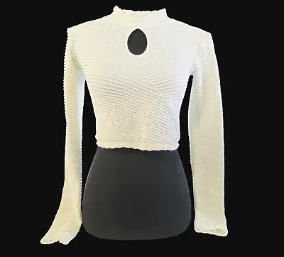 MARCIANO Guess Crop Long Sleeve High Neck Stretchy Keyhole Top White M/L 1-33 • $32.86