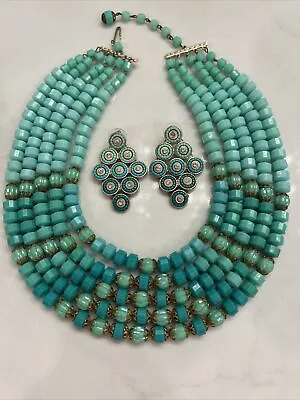 Vintage West Germany 5 Strand Green Bead Necklace & Dangle Pierced Earring Set • $34.99