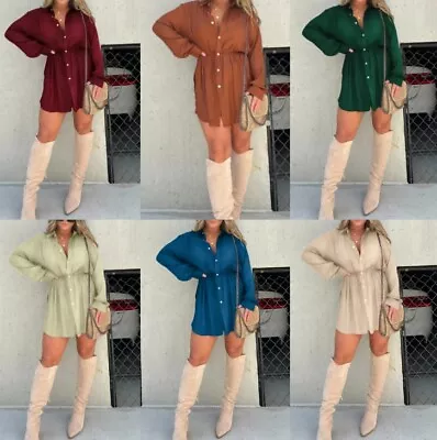 Satin Dress Set Satin Covered Nights Romper Dress Casual Button Shirt Dress. • £17.74