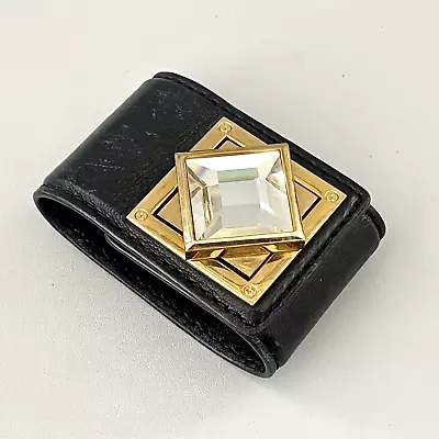 Michael Kors Bracelet Black Wide Leather Wrap Clear Square Cut Bead Gold Tone 6  • $49.99