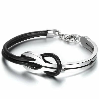 Stainless Steel Leather Infinity Clasp Cuff Bracelet Wristband Bangle Men Women • $10.99