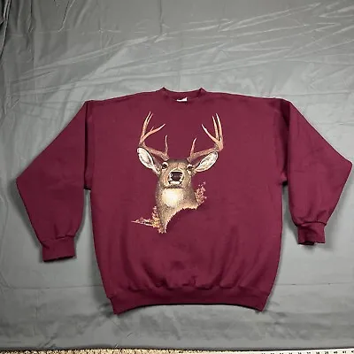 Vintage 90s Whitetail Deer Graphic Crewneck Sweatshirt Burgundy XL USA Made VTG  • $34.99