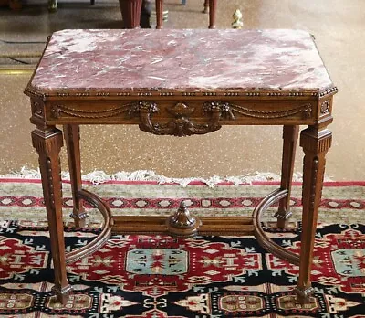 Finely Carved Oak Louis XVI Style Marble Top Occasional Table By Karpen • $1250