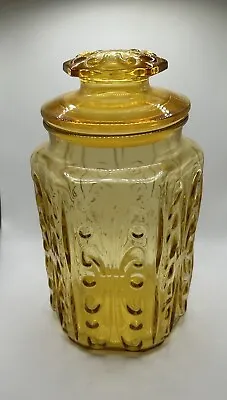 Vintage Federal Glass Show-Off Jar  Gold Amber Glass Scroll Design With Lid 9  • $10