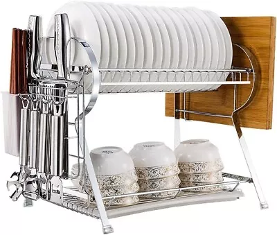 16 In. 2-Tier Silver Standing Dish Rack Stainless Steel Cutlery And Plate Racks • $18.99