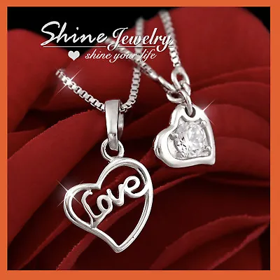 9K GOLD GF LAB Diamond SILVER HEART LOVE CHARM PENDANT TWO LAYERS CHAIN NECKLACE • $11.99