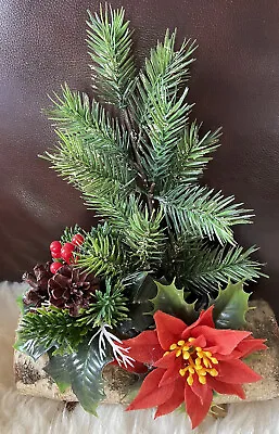 Vintage Yule Log With Plastic Poinsettia Holly Greenery And Santa Boots 12 In • $20