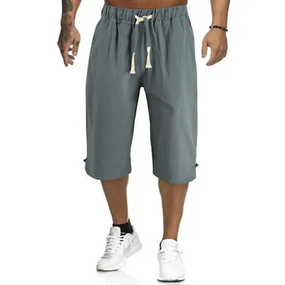 Mens Capri Sport Pants Casual 3/4 Long Length Elastic Waist Linen Loose Shorts • $19.50