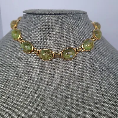 Vintage 1940s MAZER BROS Gold Tone Green Dragon’s Breath Cabochon Necklace • $425