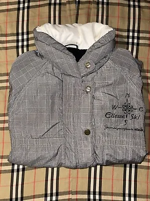 VTG Ellesse Embroidered Goose Down Puffer Jacket Grey Plaid Size Large Free Ship • $37.99