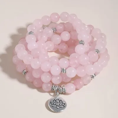 108 Mala Beads Natural Rose Quartz Stone Beaded Necklace Wrap Bracelet Handmade • $15.90