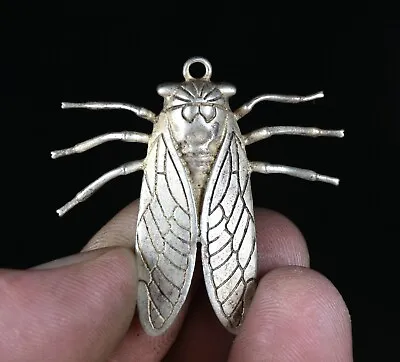 4CM Rare Old China Miao Silver Feng Shui Insect  Cicada Lucky Pendant • $12