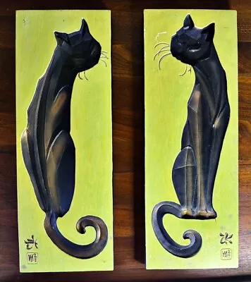 Universal Statuary Company Circa '50s/'60s Chalkware Asian Cat Wall Plaques Mod • $89.99