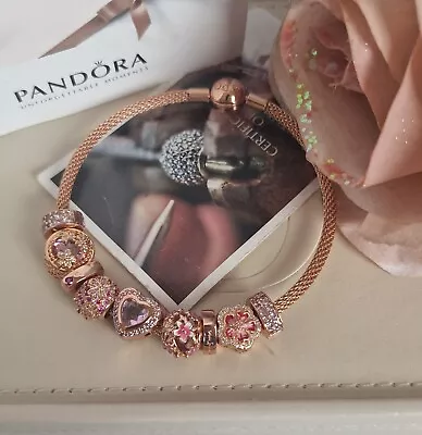 PANDORA 14K ROSE GOLD MESH STYLE BRACELET 19cm PLUS 9 CHARMS ALE MET-R 586543 • £199.99