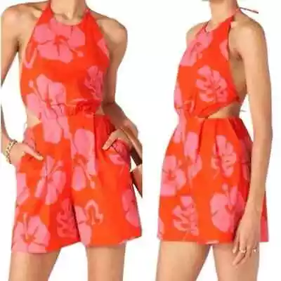 STAUD Georgia Red Pink Tropical Print Halter Top Open Back Shorts Romper Size 10 • $95
