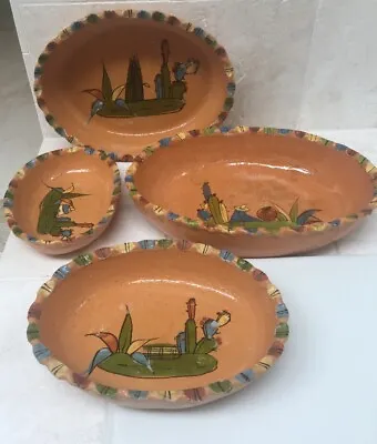 Vintage Set Of 4 Yellow Clay Painted Oval Mexican Pottery Nesting Bowls; Fluted  • $53.20