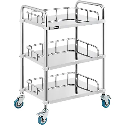 VEVOR Medical Trolley Mobile Rolling Serving Cart 3 Tiers Stainless Brake Wheels • $77.99